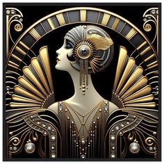 an art deco poster with a woman's head in gold and black