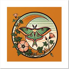 a painting of a moth on an orange background with flowers and leaves in the foreground