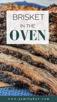 brisket in the oven with text overlay