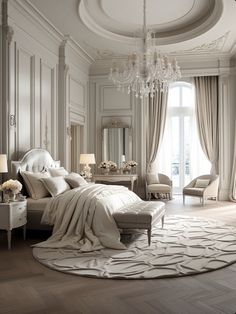 an elegant bedroom with chandelier, bed and white furniture on the floor in front of a large window