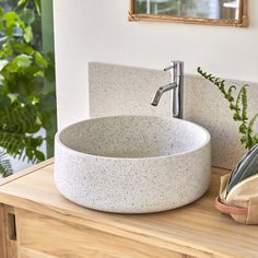 a bathroom sink sitting on top of a wooden counter next to a potted plant