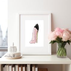 there is a vase with flowers and a pink shoe on the shelf