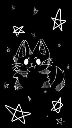 a black and white drawing of a cat's face with stars in the background