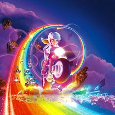 a person riding a motorcycle on top of a rainbow colored background