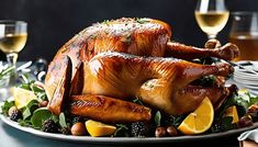 a roasted turkey on a platter with lemons, blackberries and other holiday foods