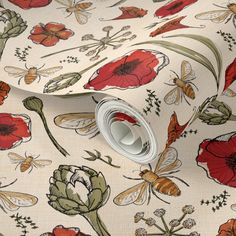 a floral wallpaper with red and yellow flowers on it's side, in an off - white background