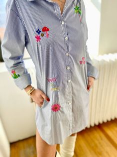 100% Lightweight Cotton button-down shirt with good vibes embroidery and waist tie Please view return policy or email romibasha@gmail.com for more information. Long Sleeve Shirt Dress With Floral Embroidery For Spring, Long Sleeve Floral Embroidery Shirt Dress For Spring, Embroidered Long Sleeve Shirt Dress For Spring, Embroidered Cotton Shirt Dress For Summer, Spring Long Sleeve Embroidered Shirt Dress, Spring Floral Embroidery Long Sleeve Shirt Dress, Spring Embroidered Long Sleeve Shirt Dress, Casual Embroidered Button-up Dress, Summer Rayon Button-up Shirt Dress