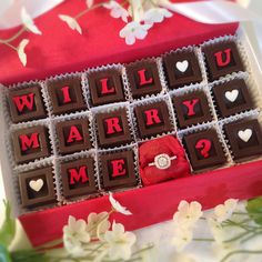 Propose in this unique and delicious way using your own ring or select a gorgeous cushion cut ring to her size! This unique marriage proposal has 17 or 18 sweet and creamy chocolate squares that spell out your question. This gift of decadent chocolates, is presented in a white gift box and tied with a coordinating colored satin bow. Chocolate Rings, Christmas Proposal, Candle Bags, Chocolate Roses, Chocolate Squares, Romantic Christmas, Couple Things, Valentine Chocolate, Artisan Chocolate