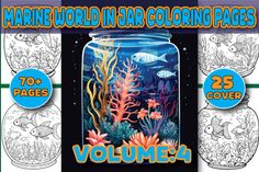 the marine world coloring pages volume 2 is shown in front of an ocean scene with fish and corals