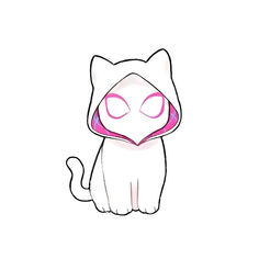 a drawing of a cat with pink eyes and a hood on it's head