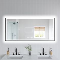 Apex-Noir 60x28 Framed LED Lighted Bathroom Mirror Image 1 Bathroom Led Mirror, Shower Sliding Glass Door, Bathroom Led, Led Mirrors, Lighted Vanity, Lighted Medicine Cabinet, Black Wall Mirror, Led Bathroom Mirror, Vanity Wall Mirror