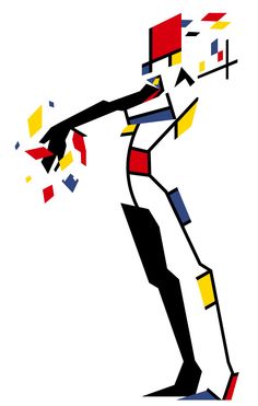 an abstract drawing of a person with different colored shapes and lines on his body, holding a baseball bat