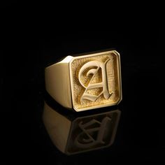 Buy Solid Gold Ring, Solid Gold Initial Ring, 14K Solid Gold Monogram Signet Ring, Men's Personalized Ring, Custom Gold Ring, Old English Ring Online in India - Etsy Letter Rings Gold For Men, Mens Gold Signet Rings, Mens Initial Ring, Custom Gold Rings, Alphabet Ring, Mens Gold Rings, Personalized Ring