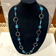 Lia Sophia Waterloo Long Necklace Nwot Great Condition Blue Glass Beads Geometric Hematite Chain Mod Measures: 36-39” Comes From A Smoke And Pet Free Trendy Blue Glass Necklace, Turquoise Glass Necklaces For Party, Turquoise Glass Necklace For Party, Trendy Metal Jewelry With Black Beads, Elegant Beach Jewelry With Black Beads, Beaded Metal Necklaces For Beach, Elegant Black Beads Beach Jewelry, Elegant Black Beads Jewelry For Beach, Turquoise Glass Party Necklace