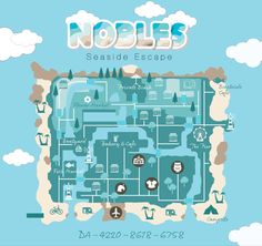 a blue and white poster with the words nobles seaside escape on it's map