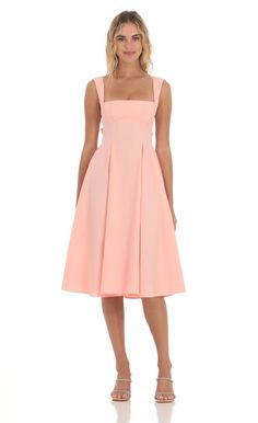 Square Neck Flare Midi Dress in Pink | LUCY IN THE SKY Baby Pink Dresses, Flare Midi Dress, Pink Cocktail, Lucy In The Sky, Pink Cocktail Dress, Bodice Dress, Grad Dresses, Midi Dresses, Simple Dresses