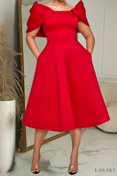 Lasaky - Wedding Guest Dress with Flared Sleeves and Tailored Fit Red A-line Dress For Banquet, Red A-line Midi Dress For Banquet, Solid A-line Evening Dress For Wedding, Red Fitted Evening Dress For Wedding Guest, Chic Red Evening Dress For Wedding, Red Short Sleeve Wedding Dress, Red Knee-length Bridesmaid Dress, Elegant Red Evening Dress For Wedding Guest, Red Midi Dress For Banquet