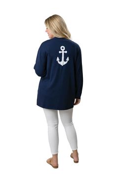 Navy Noreen sweater with white anchor from back Trendy Crew Neck Cardigan For Loungewear, Back Wash, Perfect Cardigan, Red Lobster, Fall Transition, Coastal Chic, Cardigan Top, Ponchos, New Style