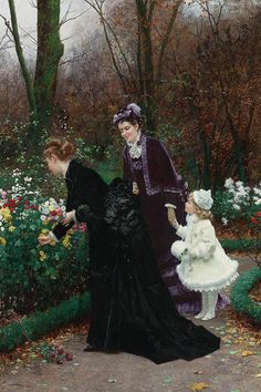 a painting of two women and a child in a garden with flowers on the ground