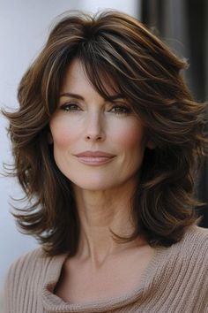 Chocolate Brown Lowlights, Wavy Layered Haircuts, Shag Layered Hairstyles, Brown Lowlights, Trendy Layered Hairstyles, Shaggy Haircut, Long Hair Older Women, Bobbed Hairstyles With Fringe, Medium Shag Hairstyles