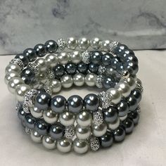 Lt Gray & Gray Pearl Glass Bead (8mm) Silver Resin Rondelle (4x8mm) Memory Wire Silver Plated Memory Wire Bead Ends Fits Up To 6 1/2 To 8 Inch Wrist The Bigger The Wrist The Less Layer Silver Beaded Bracelets With Bling, Silver Bling Beaded Bracelets, Elegant Gray Beaded Bracelets With Silver Beads, Elegant Gray Beaded Bracelets, Easy Bracelets, Black Metal Bracelet, Jewelry Classy, Memory Wire Jewelry, Memory Wire Wrap Bracelets