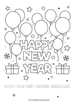 a happy new year coloring page with balloons and presents