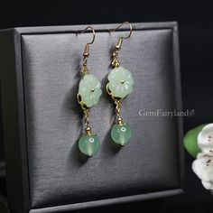 Elegant Gemstone Beads Earrings For Gift, Elegant Dangle Earrings With Gemstone Beads, Elegant Gemstone Beads Dangle Earrings, Gold Jade Earrings, Elegant Green Gemstone Beaded Earrings, Elegant Agate Earrings As A Gift, Elegant Agate Earrings For Gift, Green Agate Earrings As Gift, Gold Aventurine Earrings Gift