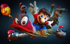 mario kart is flying through the air with his arms in the air and other characters behind him