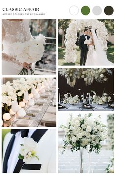 a collage of photos with white flowers and greenery