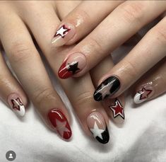 Red black white stars almond nails gelx Star Nails, Fire Nails, Funky Nails, Short Acrylic Nails, Best Acrylic Nails, Nails Acrylic