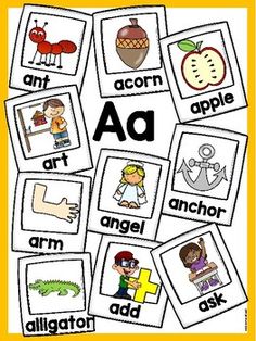 an alphabet poster with pictures of different objects