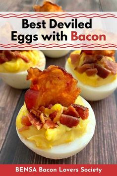 Four deviled eggs garnished with bacon on a wooden background. Bacon Side Dishes, Bacon Deviled Eggs Recipe, Deviled Eggs With Bacon, The Best Deviled Eggs, Bacon Recipes Appetizers, Eggs With Bacon, Best Deviled Eggs, Bacon Deviled Eggs