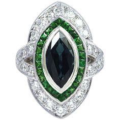 Marquise Blue Sapphire, Tsavorite, Diamond 1.24 Carat Ring in 18K Gold Settings Radiant Diamond Rings, Round Diamond Ring, Blue Sapphire Diamond, Diamond Ring Settings, Radiant Diamond, Half Eternity Ring, Diamond Star, Star Jewelry, Pretty Rings