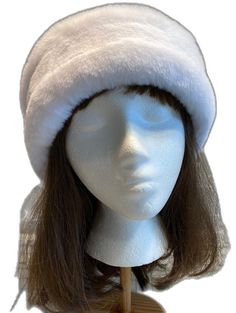 White Faux Fur Winter Hat, Fluffy White Winter Hat, White Hat With Faux Fur Lining For Winter, White Winter Hat With Faux Fur Lining, White Fluffy Winter Hat, Soft Adjustable White Bonnet, White Cloche Hat With Short Brim For Winter, Adjustable Soft White Bonnet, White Flat Brim Winter Hat