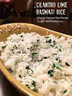 a close up of a plate of rice on a table with text overlay that reads, cilantro lime basmat rice