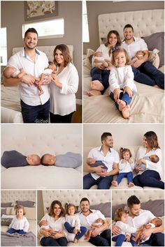 a collage of photos shows a family posing for pictures on the bed with their baby