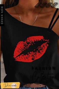 Stylish Lip Printed One Shoulder T-shirt (2 Colors) P15665 Black Graphic Tank Top For Summer, Summer Party Tank Top With Crew Neck, Black Summer Party T-shirt, Sleeveless Graphic Print Top For Party, Summer Party Casual T-shirt, Party Graphic Print Crew Neck Top, Casual Graphic Print T-shirt For Party, Red Casual T-shirt For Party, Casual Red T-shirt For Party