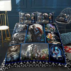 a bed with many pictures on it