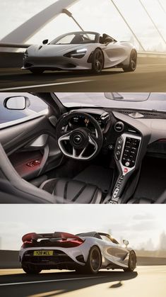 two different views of the inside and outside of a sports car