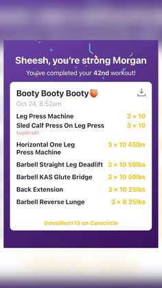 Leg day is a great day - especially if you’re looking to grow a dump truck!

Glute focused leg day is important to working on getting that hour glass shape. Don’t forget to be resting 1-3 minutes in between every rep and if something is pulling STOP! (Reminder that I am not an expert and to do these exercises with caution)

Some other flute focused workouts are: Bulgarian Split Squats, Squats, Squat Holds, Fire Hydrant, Glute Kickbacks, and so much more!

All you gotta do is believe in yourself and remember what your goals are :)

Follow me on Corecircle: @mmillerrr15

Gym | Gym Outfit | Gym Workouts | Gym Workouts Women | Gym Aesthetic | Nike Blazers | Back Day Workout | Bicep Workout | Deadlift Workout | Squats | Leg Day Workout | Push Day Workout | Pull Day Workout | Biker Shorts | S