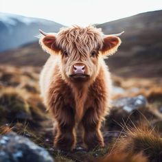 a brown cow standing on top of a grass covered hillside