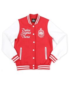 a red and white jacket with the words delta spartan on it, in front of a white background