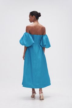 Eugenie Off Shoulder Midi Dress | Azure Blue | Aje – Aje World Off Shoulder Midi Dress, Strapless Midi Dress, Azure Blue, Mid Dresses, Midi Length Dress, Fitted Bodice, S Models, Couture Fashion, Puff Sleeves