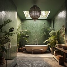 a bath room with a tub a sink and potted plants