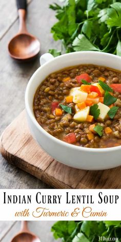 Like comfort food in a bowl, this Indian Curry Lentil Soup Recipe is flavorful, easy to make and healthy! High in protein and fiber, this lentil soup recipe makes a wonderful main dish meal or hearty side dishes. Serve with a thick slice of warm from the oven bread, pita or naan. Christmas Side Dish Recipes, Gourmet Soup, Curried Lentil Soup, Turmeric Recipes, Lentil Soup Recipes, Best Soup Recipes, Lentil Curry, Vegan Comfort Food, Indian Curry