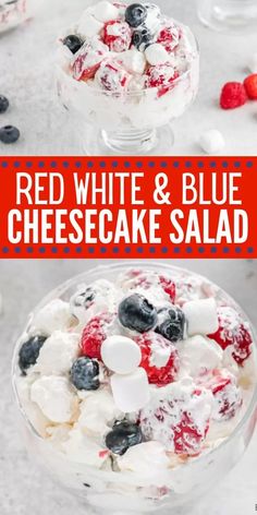 red, white and blue cheesecake salad in a glass dish with the title above it