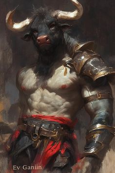 a painting of a bull in armor with horns on it's head and chest