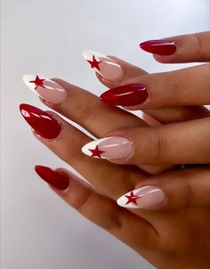 red french tip star detail nails inspo Red Almond Nails With Stars, Almond Nails With Star Design, Star Nails Inspiration, Nail Art Design Almond Shape, Red Nails W Design, Red Almond Design Nails, Almond Nails Gel X Designs, Nail Ideas With French Tip, Red Hoco Nails Almond