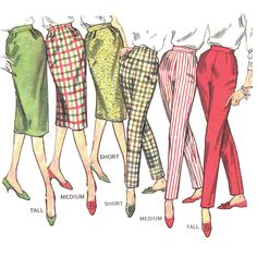 four women's pants with different patterns and sizes