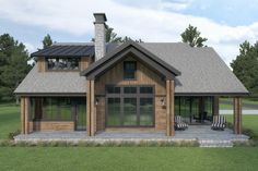 this is an artist's rendering of a small cabin style home with porch and covered patio